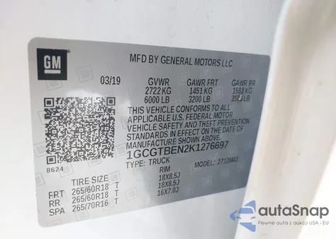 2019 Chevrolet Colorado Wt z USA, uszkodzony, nr VIN 1GCGTBEN2K1276697